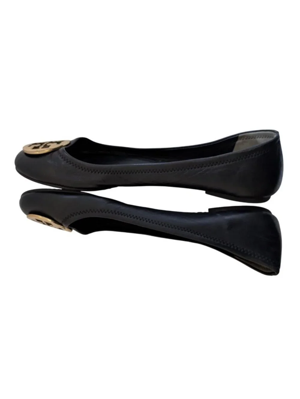 Tory Burch Black Leather Minnie Travel Ballet Flats Gold Logo Womens Size 12